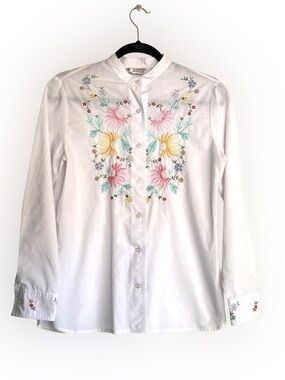 Vintage‎ 70s King James Hand Embroidered Floral Prairie Blouse White Poplin M